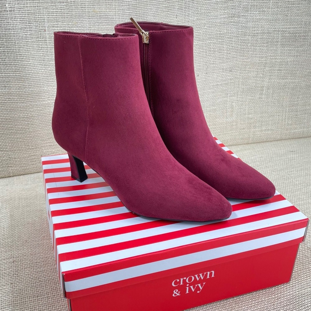 Crown and Ivy NEW Womens Wine Suede Pointed Toe Block Heel Ankle Boots Size 9